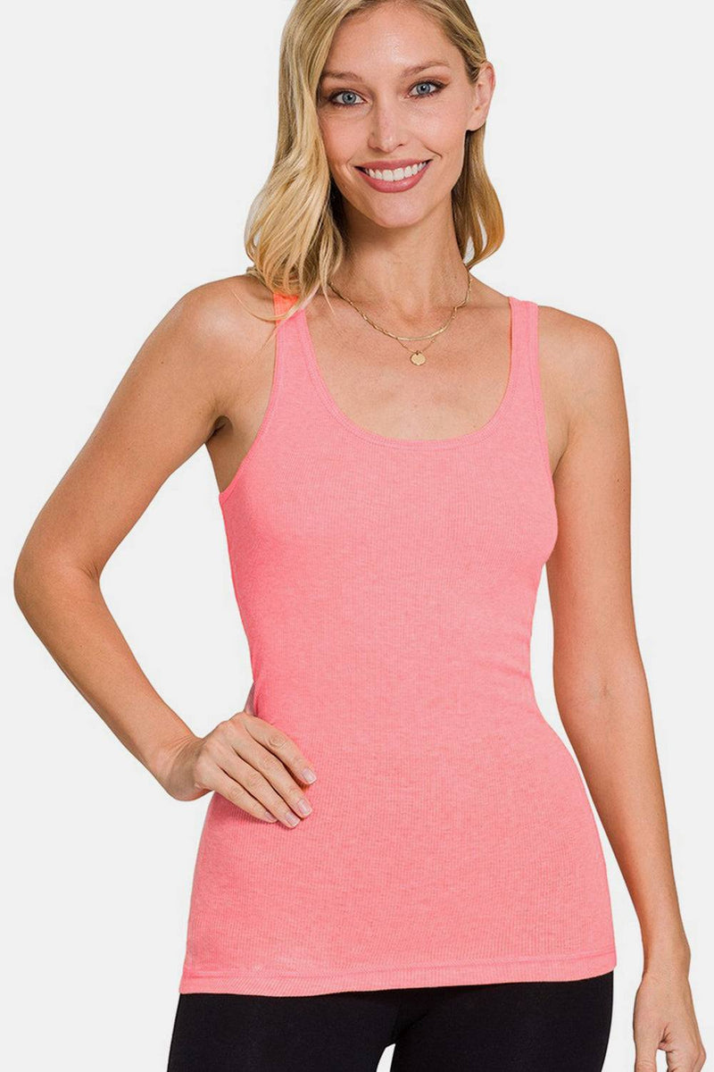 Zenana stretchy ribbed knit racerback tank in coral, worn by model.