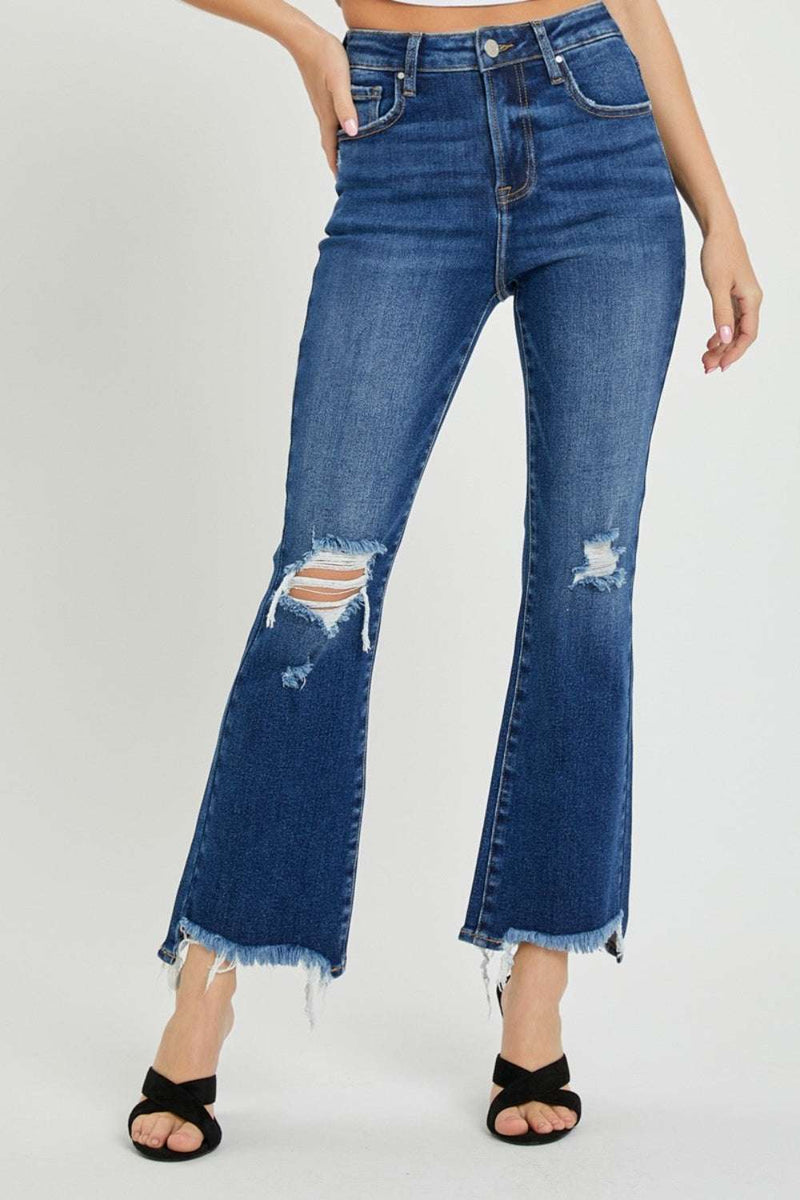RISEN High Rise Distressed Crop Flare Jeans with vintage-inspired style and distressed detailing