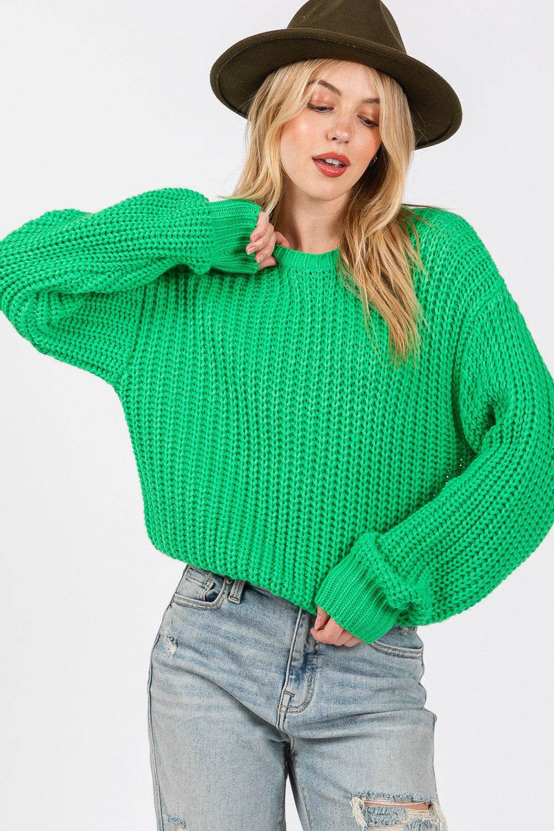 SAGE + FIG round neck drop shoulder sweater in green knit with relaxed fit and ribbed detailing.