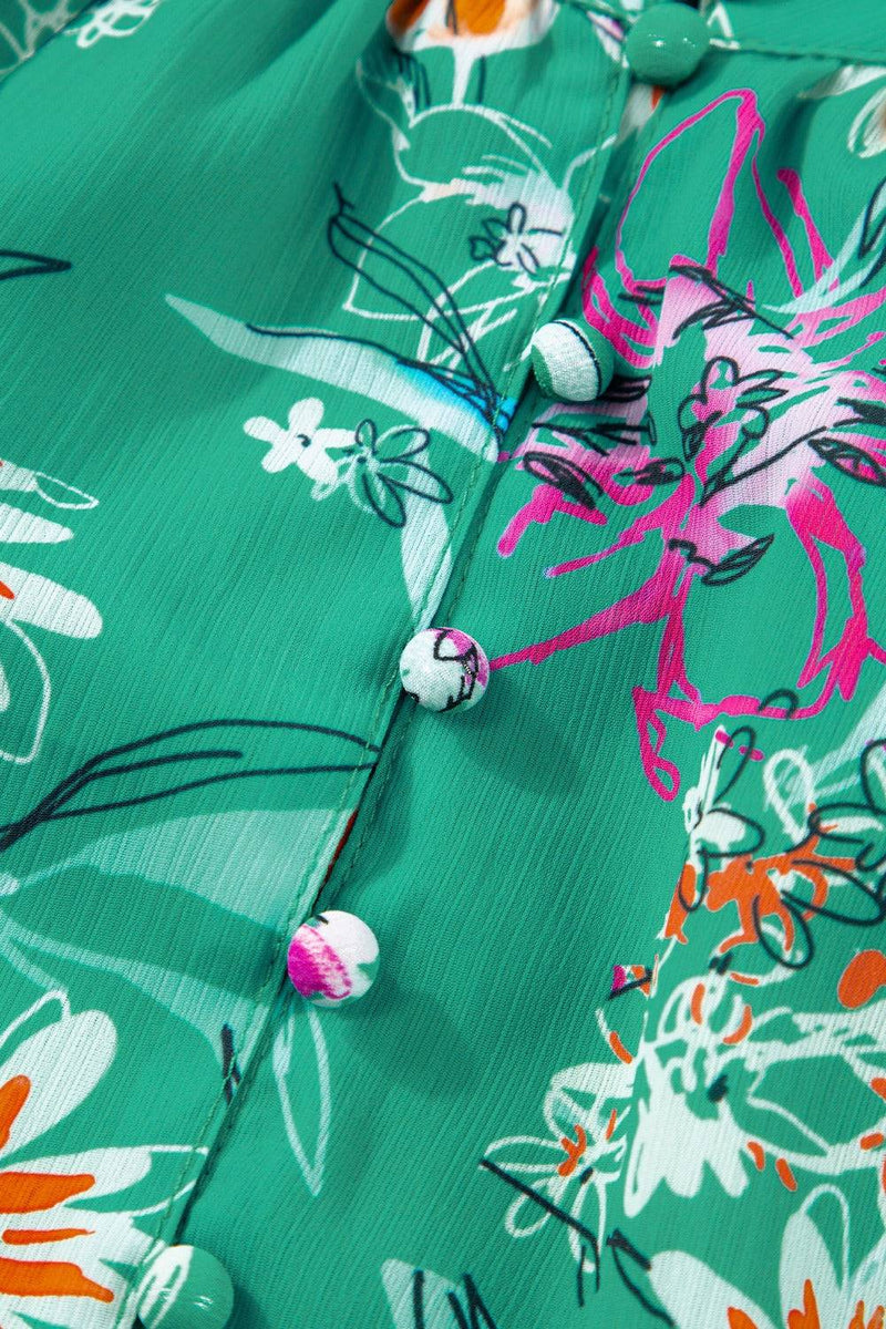 Frill Printed Grecian Tank with vibrant floral design and buttoned detail.