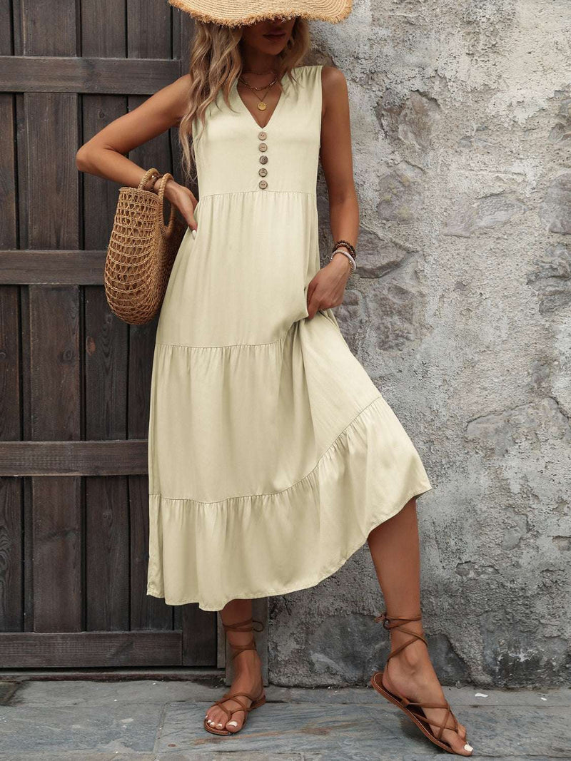 Ivy Lane decorative button sleeveless dress with notch detail, 100% cotton.
