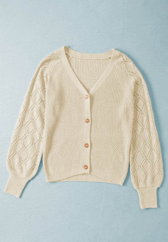 Openwork V-Neck Button Up Cardigan, slightly stretchy, 100% acrylic.