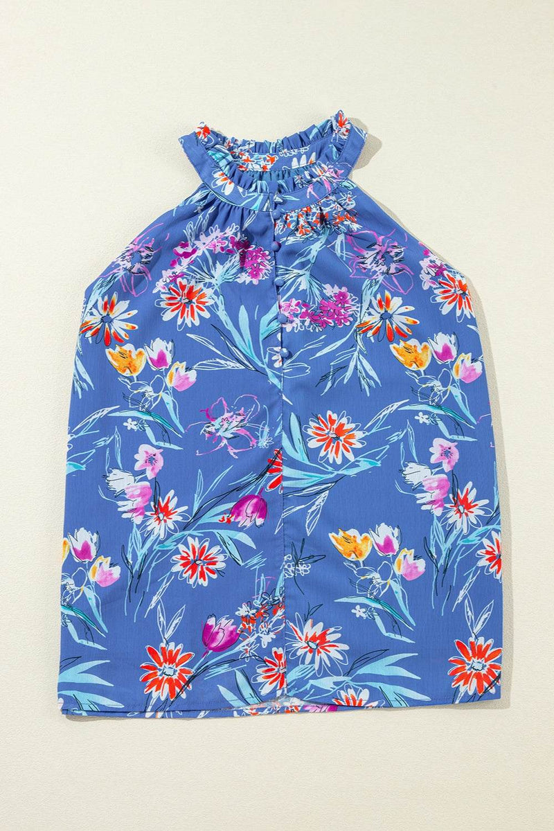Frill Printed Grecian Tank with floral pattern on blue background.
