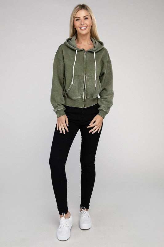 Acid wash fleece cropped zip-up hoodie with drawstring hood and pockets.