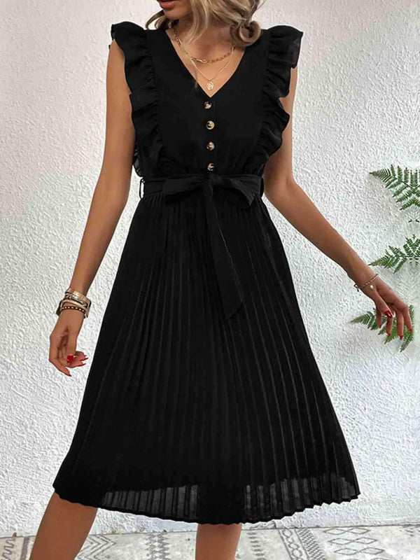 Perfee buttoned black ruffle trim belted pleated dress, knee-length, sleeveless, V-neck.
