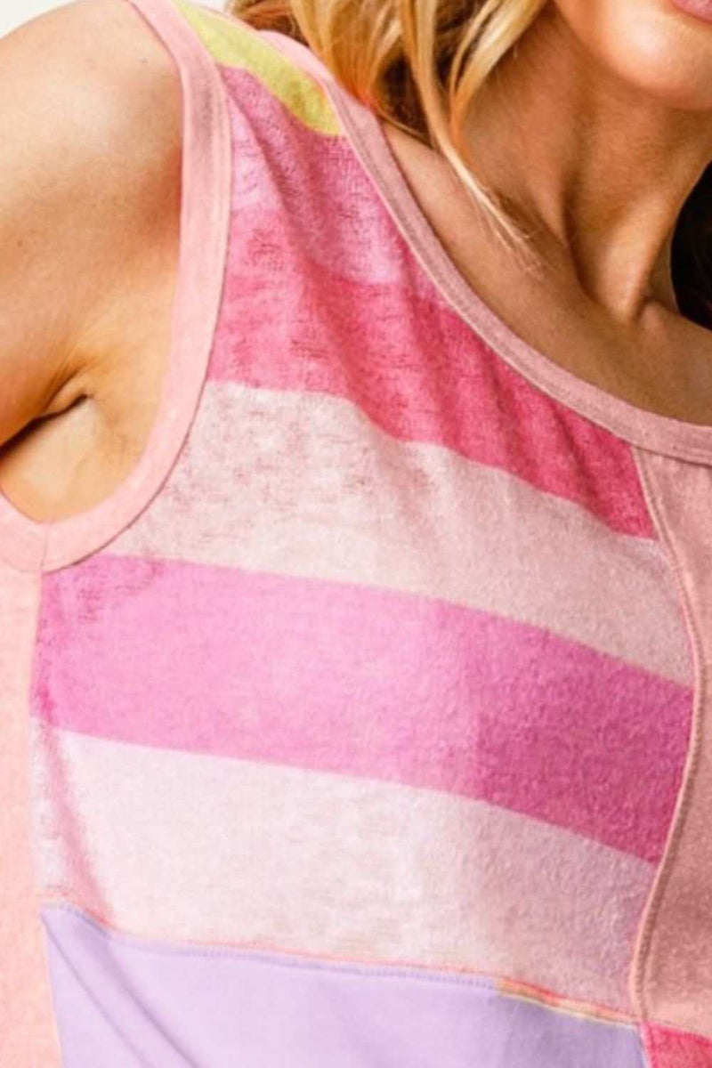 BiBi Color Block & Striped Round Neck Tank in pink and purple tones, featuring trendy design elements.