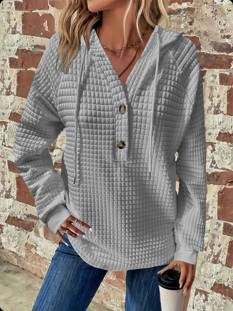 Full size texture button detail drawstring long sleeve hoodie, gray, casual outfit.