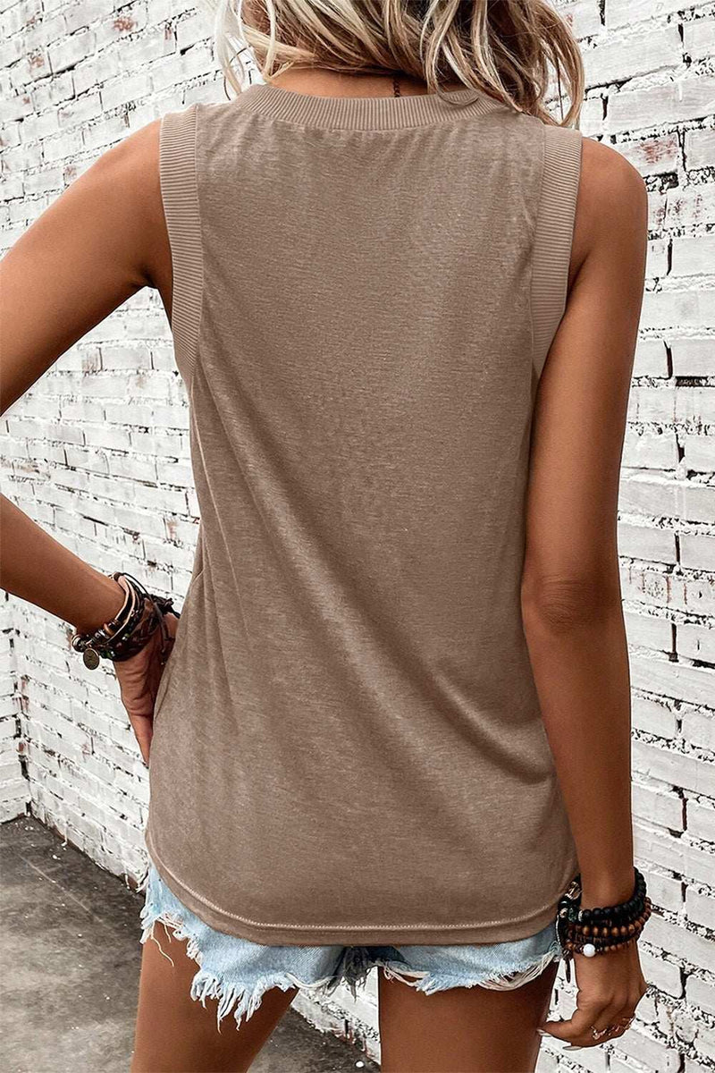 V-Neck Wide Strap Tank in beige, shown from the back, with a basic style and stretchy opaque material.