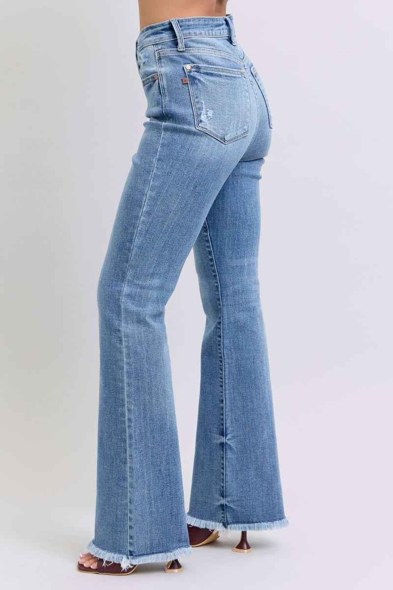 Judy Blue full size raw hem high rise bootcut jeans with a trendy and stylish silhouette.