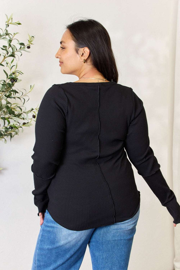 Culture Code ribbed long sleeve top with crew neckline and flattering fit, shown from the back.