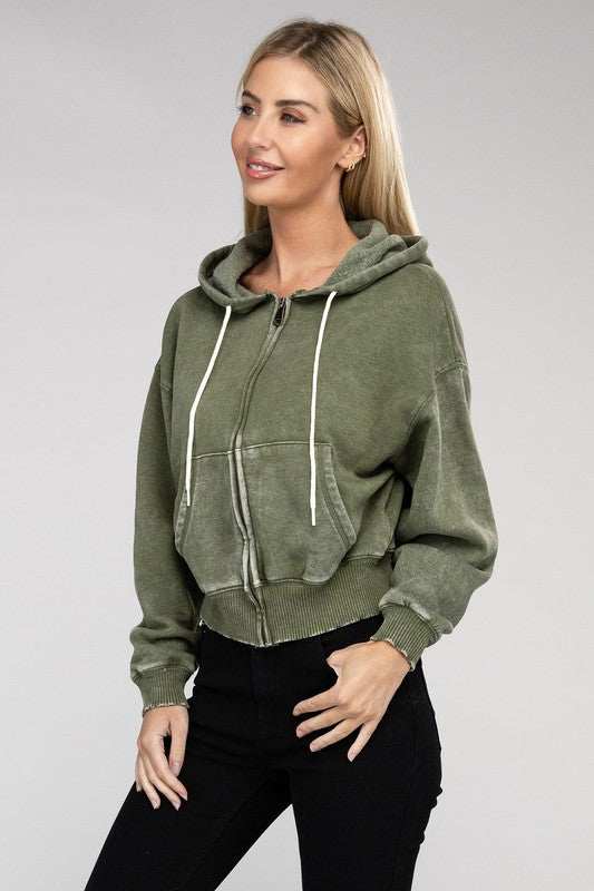 Acid wash fleece cropped zip-up hoodie with drawstring hood and pockets.