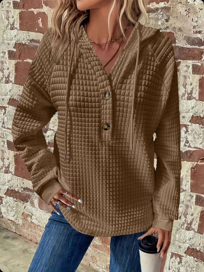 Full Size Texture Button Detail Drawstring Long Sleeve Hoodie in brown, featuring a textured design and front buttons.