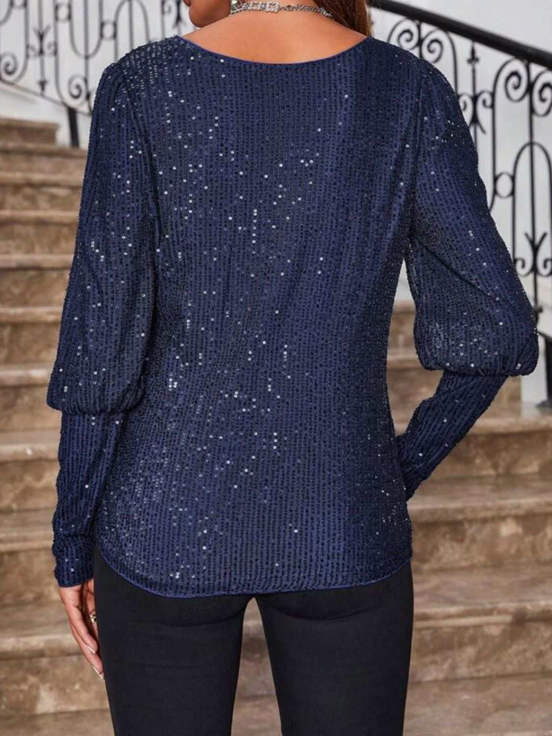 Sequin boat neck long sleeve top in navy with sparkly design, polyester fabric.