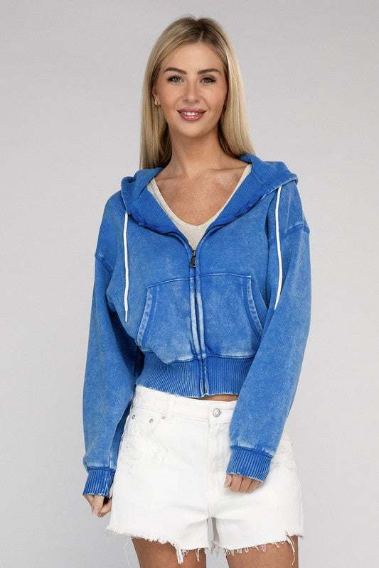 Blue acid wash fleece cropped zip-up hoodie with drawstring hood, worn by blonde female model.