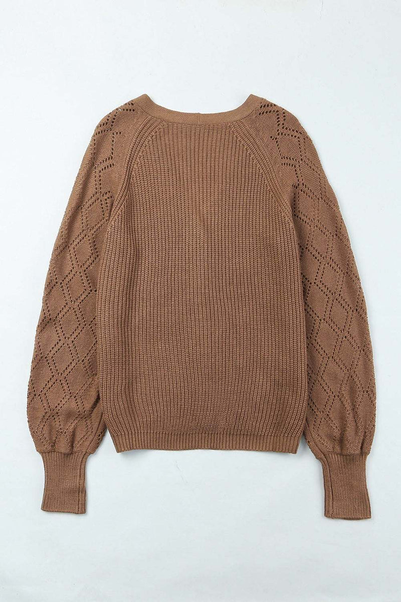 Brown openwork V-neck button-up cardigan, slightly stretchy acrylic material, featuring buttoned design.
