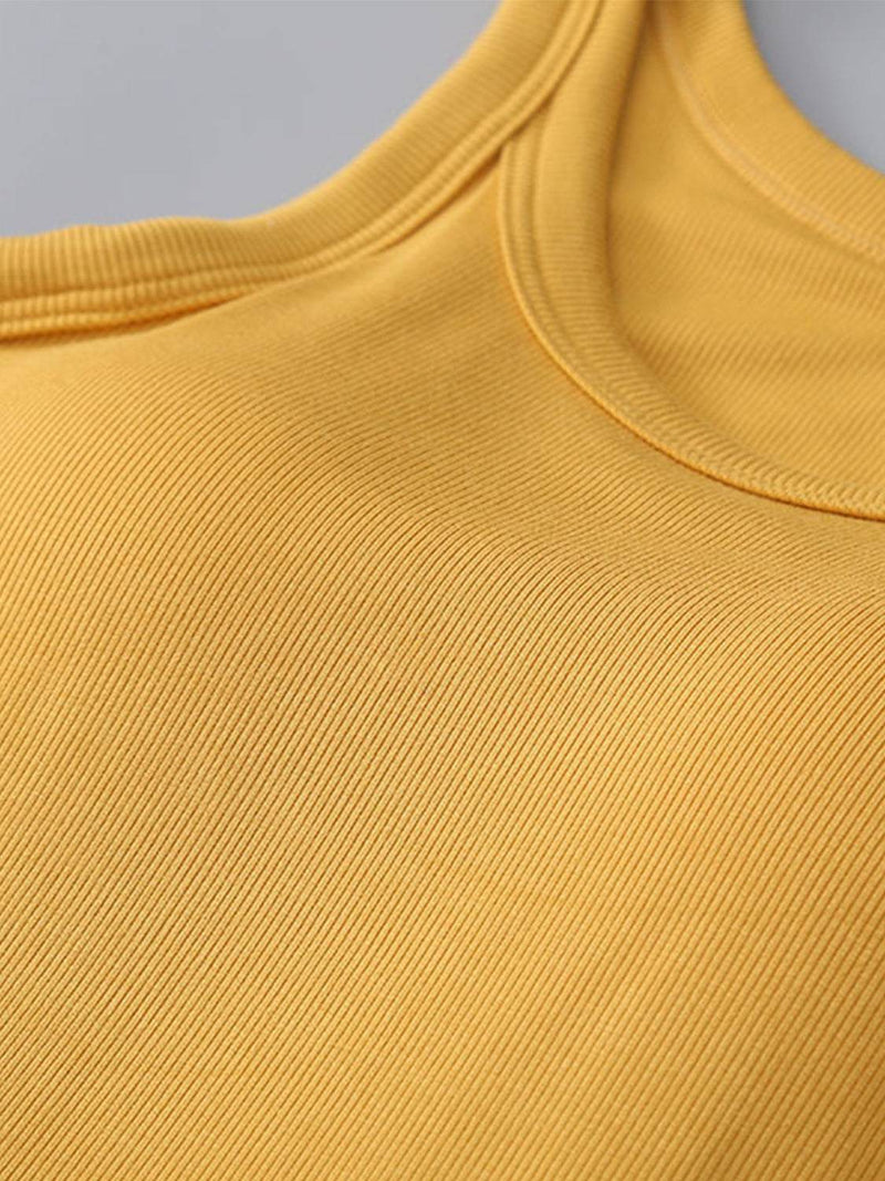 Yellow round neck tank with bra, basic style, moderate stretch, 95% viscose, 5% spandex.