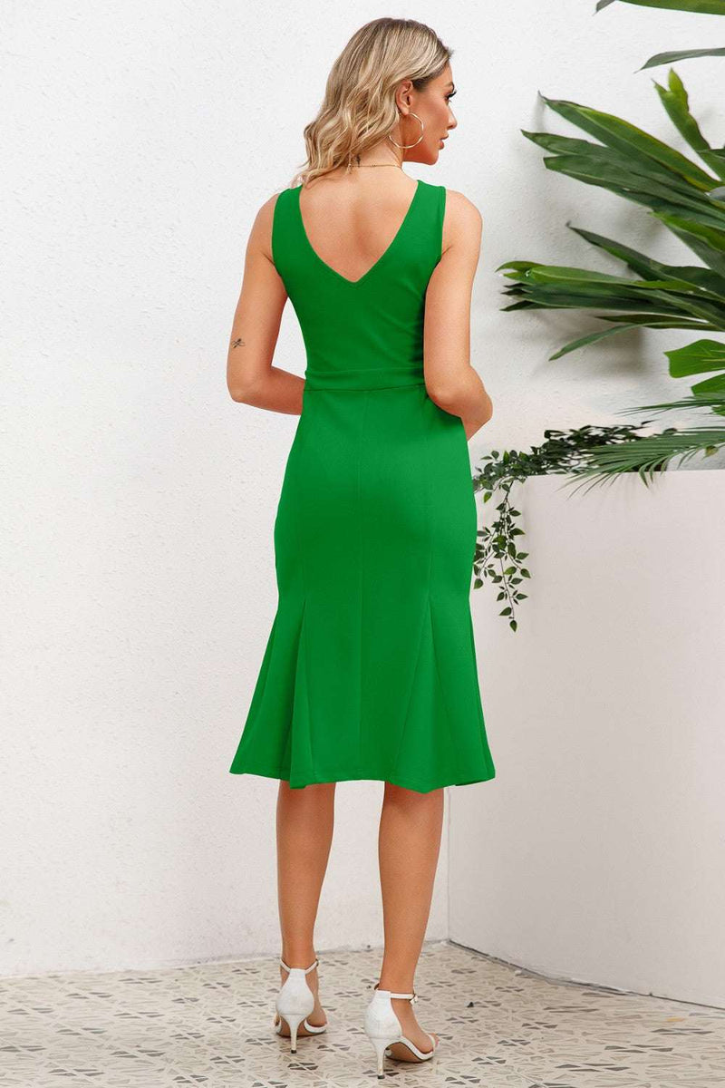 Wide Strap Wrap Fishtail Dress in green, sleeveless design, midi length, back view.