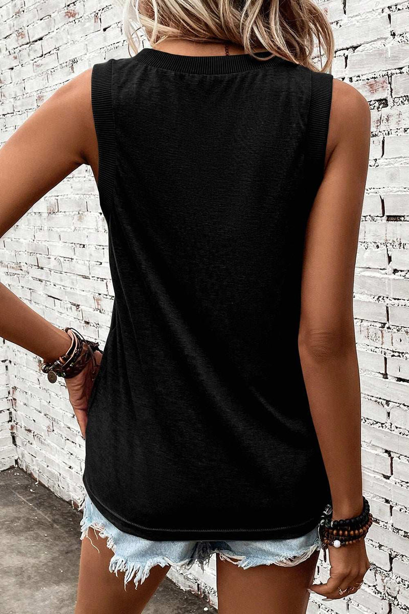Black V-Neck Wide Strap Tank, stretchy fabric, featuring basic style, women's fashion.