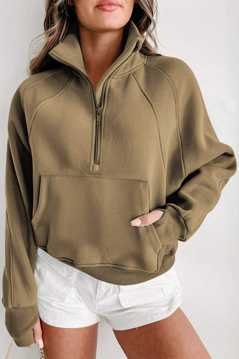Fleece lined zip up sweatshirt with stand collar and thumbhole sleeves