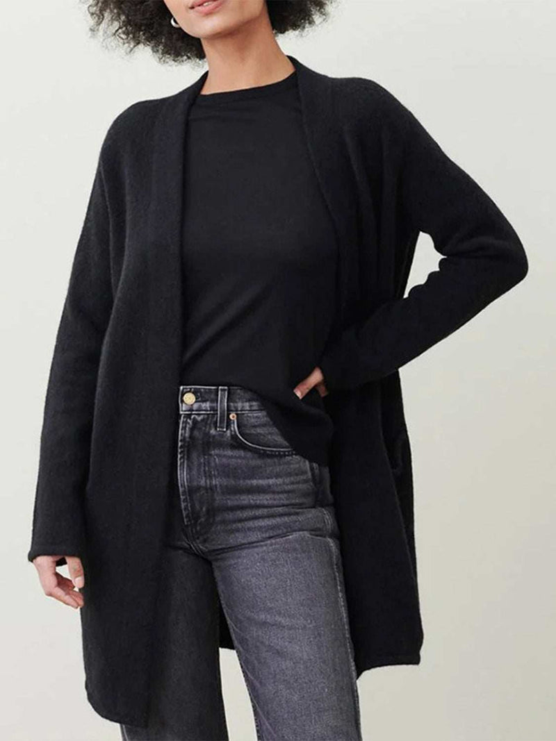 Open front long sleeve cardigan with pockets in black, worn by model.