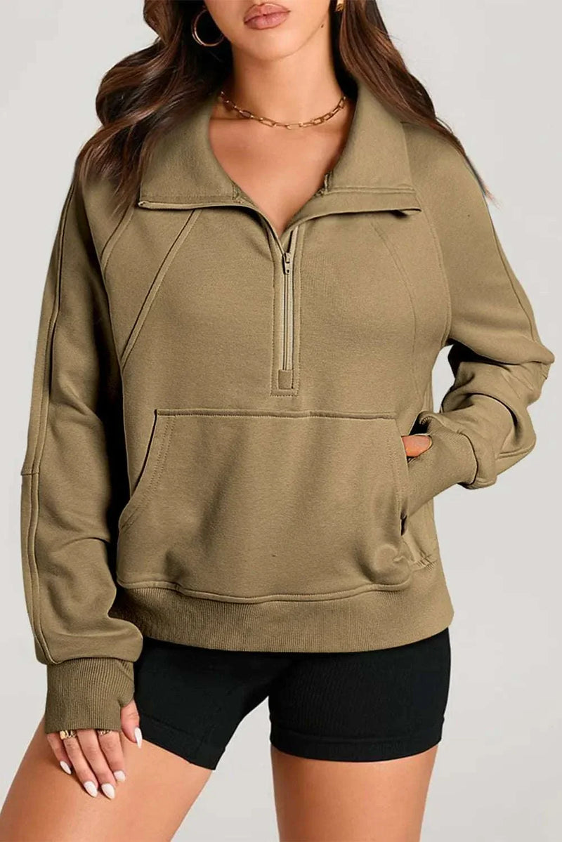 Half zip long sleeve sweatshirt in olive green, stylish and comfortable.