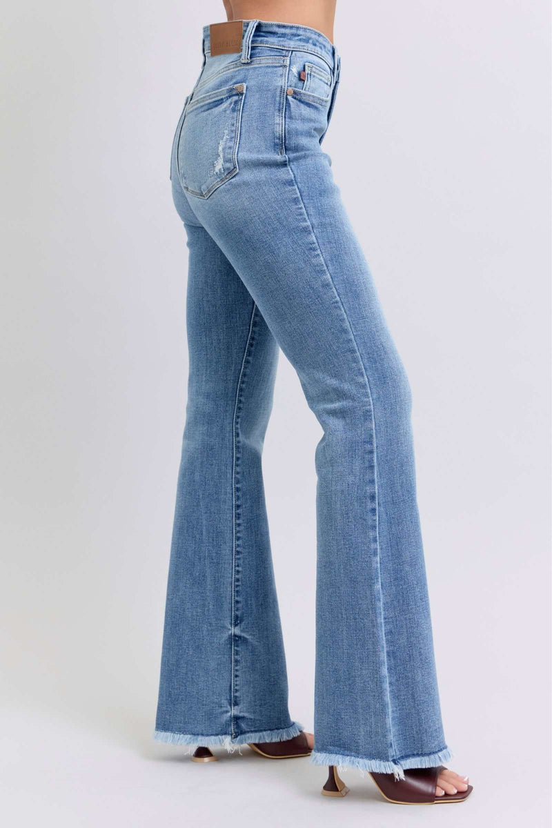 Judy Blue high rise bootcut jeans with raw hem in light blue denim.