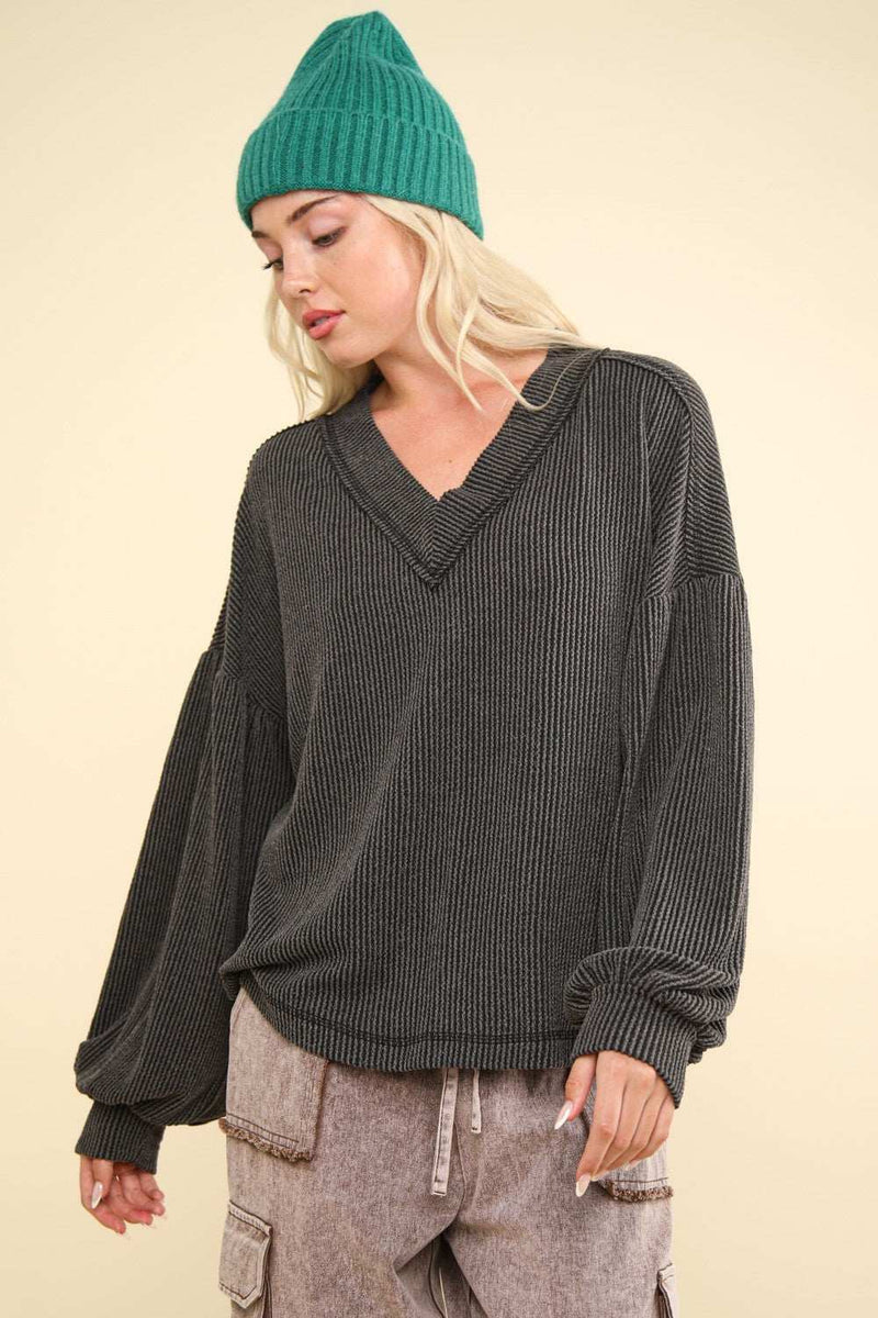 Two tone ribbed V-neck exposed seam top, oversized fit, ideal for autumn layering.