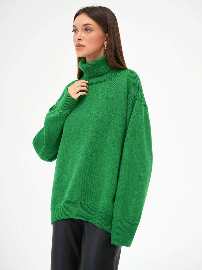 Green turtleneck long sleeve sweater with slightly stretchy material.