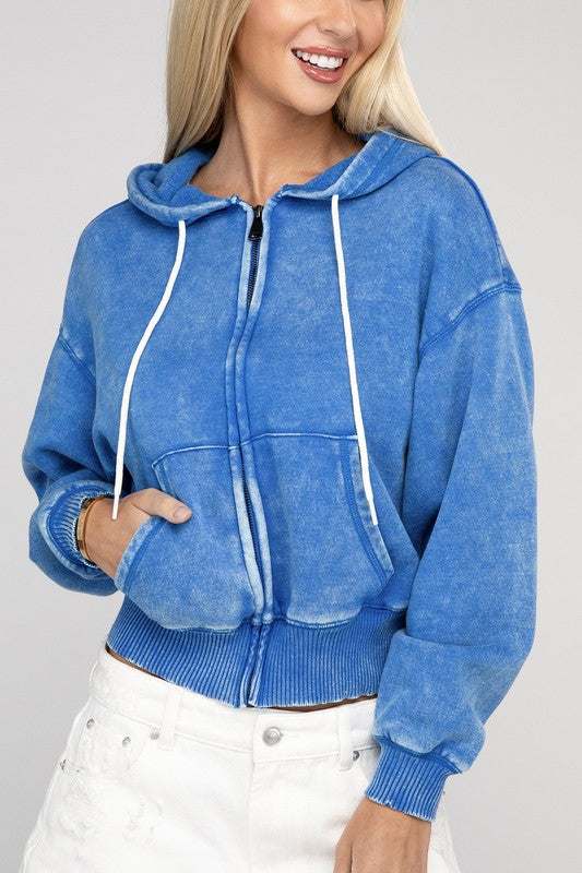 Blue acid wash fleece cropped zip-up hoodie with drawstring hood and pockets.