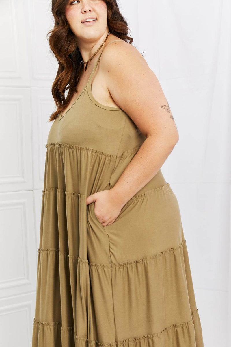 Zenana full size khaki tiered dress with spaghetti straps and pockets.