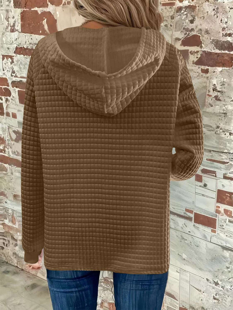 Full size texture button detail drawstring long sleeve hoodie in brown, back view.