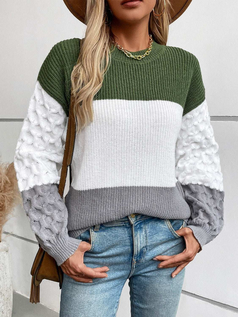 Color Block Round Neck Long Sleeve Sweater with green, white, and gray stripes.