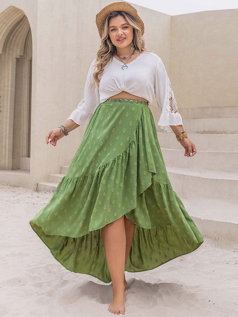 Plus size ruffled high-low skirt in green, 100% polyester.