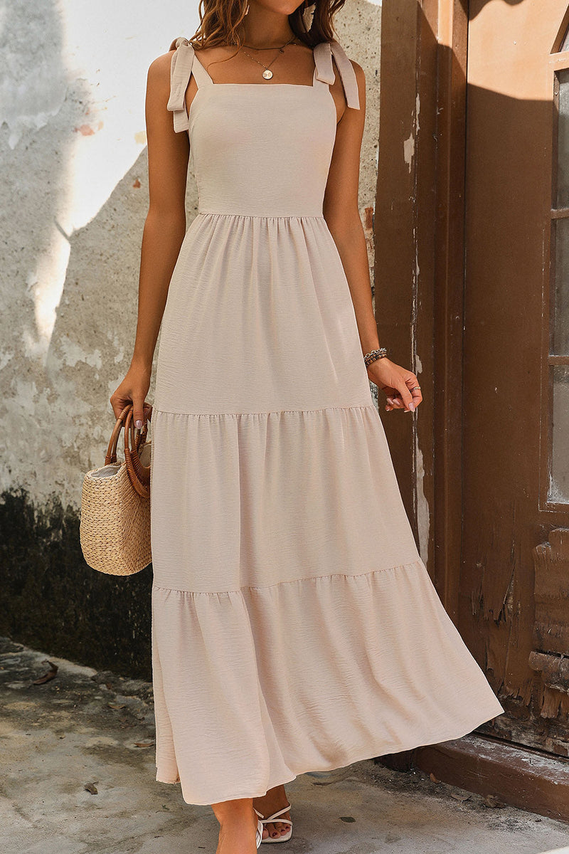 Perfee Tie Shoulder Smocked Tiered Dress in beige, featuring smocked bodice and tiered skirt.