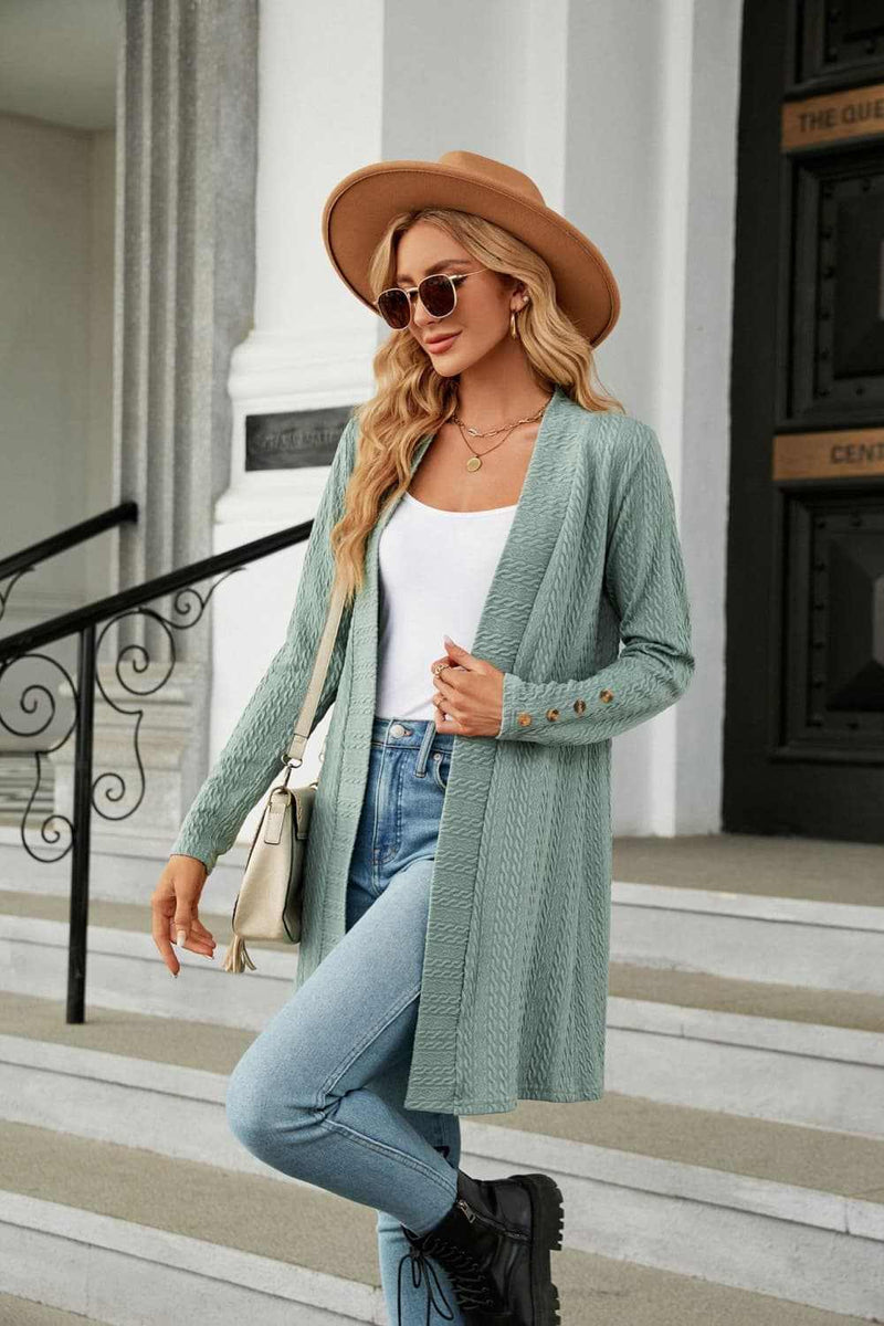 Casual long sleeve open front cardigan in solid color with regular sleeves.