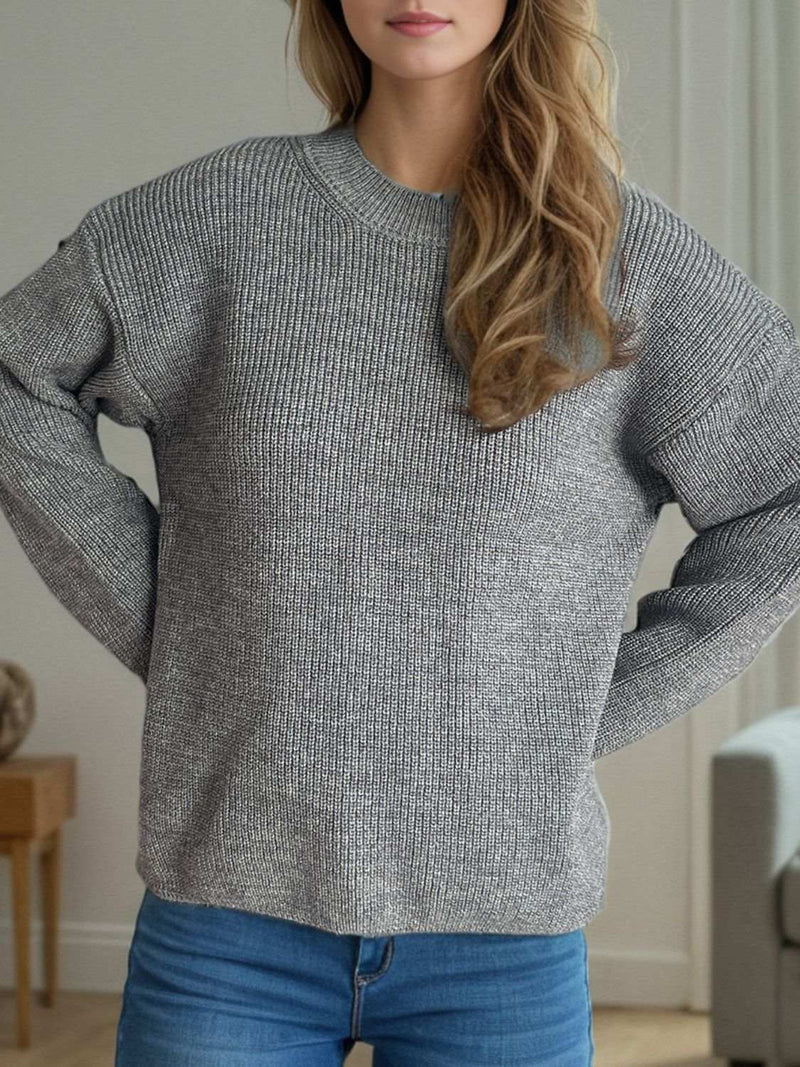 Solid color round neck long sleeve sweater in gray, basic style, slightly stretchy material.