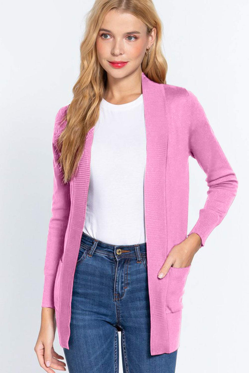 ACTIVE BASIC Ribbed Trim Open Front Cardigan in pink with pockets, worn over a white tee and jeans.