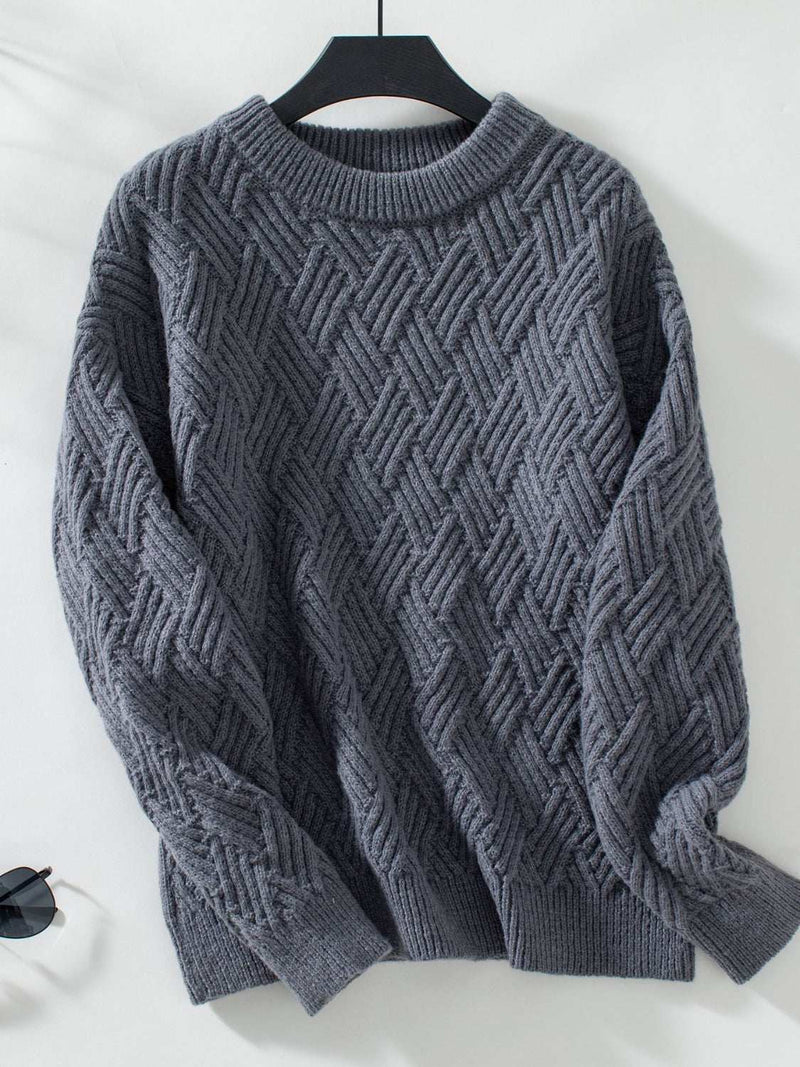 Round Neck Long Sleeve Woven Sweater in gray with textured pattern on hanger.
