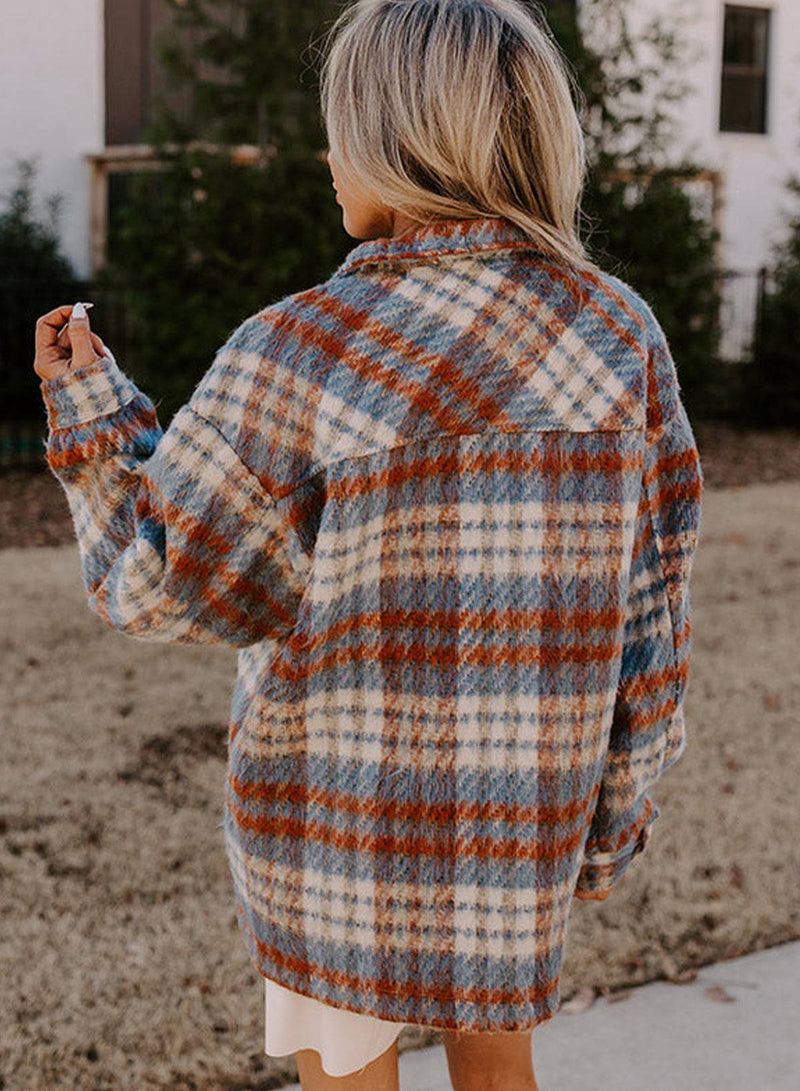 Cinnamon Plaid Print Shacket with Chest Pockets and Turn Down Collar.