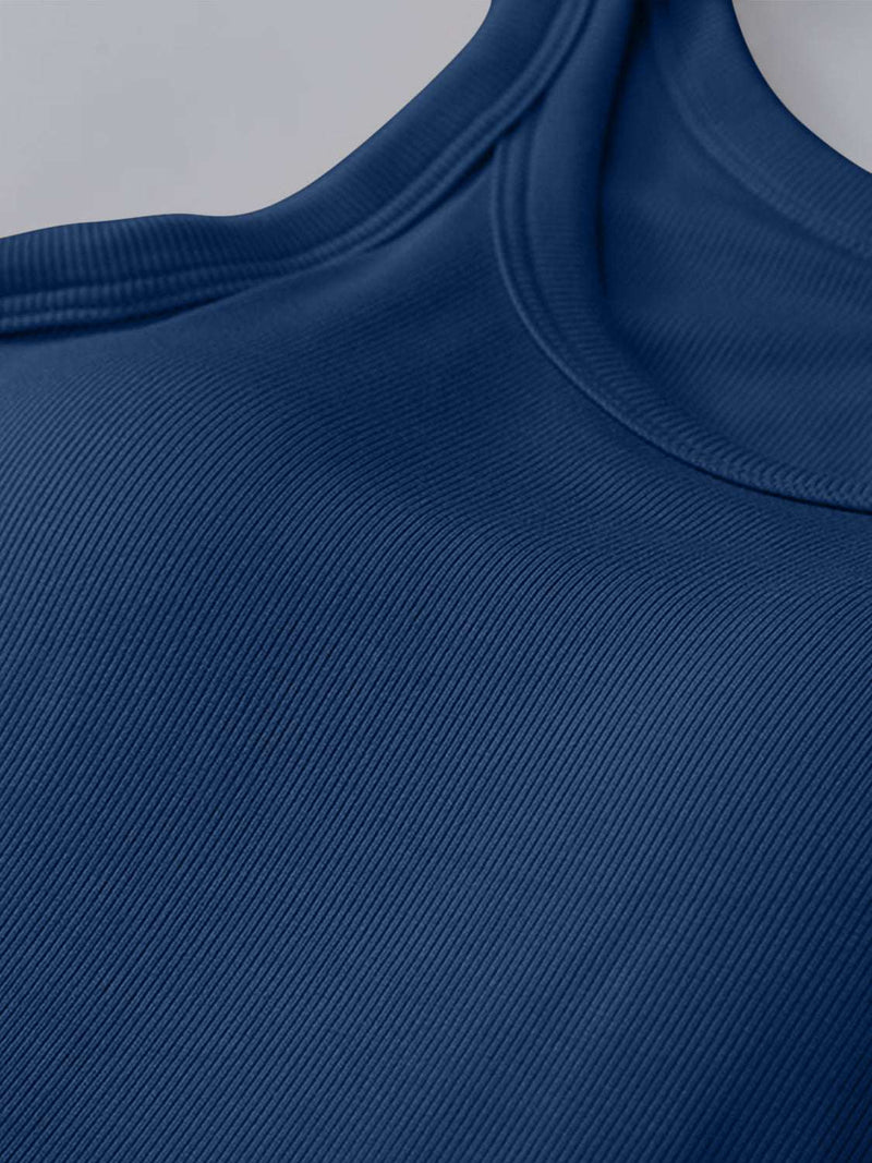 Round Neck Tank with built-in bra, opaque, moderate stretch, viscose-spandex blend.