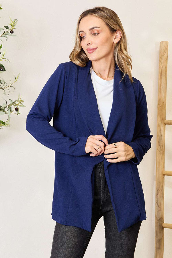 Heimish full size statement neck open front blazer in deep blue, featuring unique neckline and chic design.