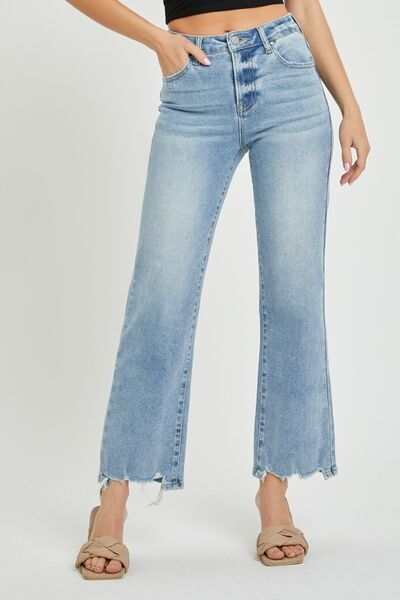 RISEN Full Size High Rise Straight Jeans, washed denim with raw hem, featuring a high-rise fit and slight stretch.
