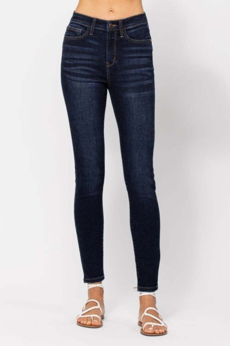 Judy Blue Full Size High Waist Handsand Skinny Jeans - women’s denim with high waist and unique handsand detailing.