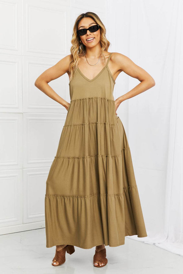 Zenana Full Size Spaghetti Strap Tiered Dress in Khaki with Pockets