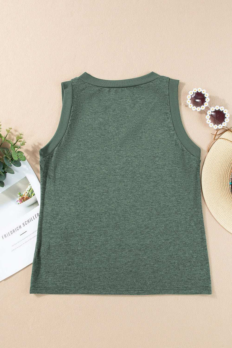 V-Neck Wide Strap Tank in green, basic style, stretchy polyester blend.