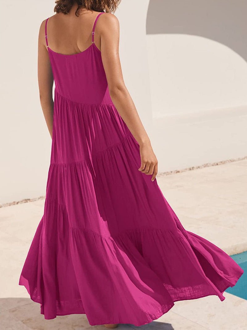 Full Size Ruched Tiered Spaghetti Strap Dress in vibrant color, flowing design, polyester fabric.