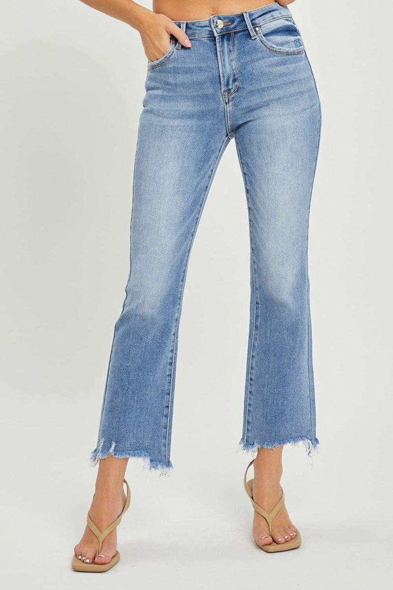 RISEN Full Size Frayed Hem Cropped Straight Jeans with stylish denim design.