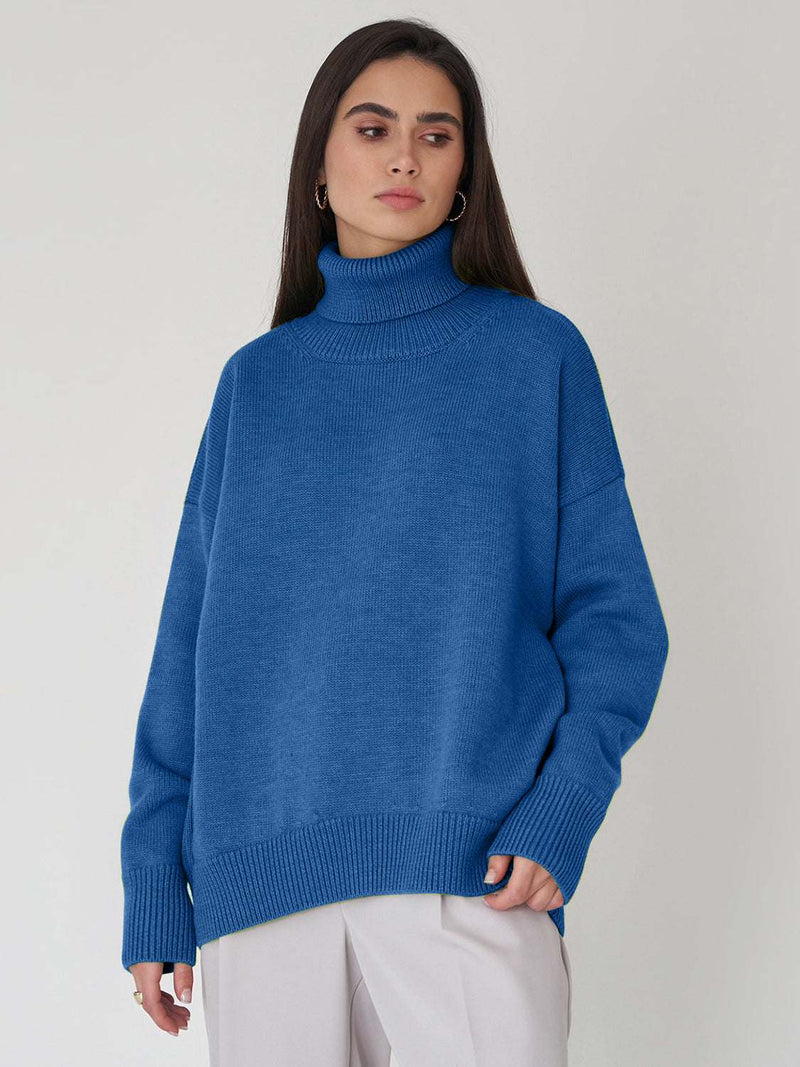 Blue turtleneck long sleeve sweater with basic style and slightly stretchy fabric.