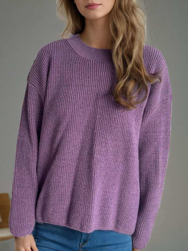 Solid color round neck long sleeve sweater in purple.