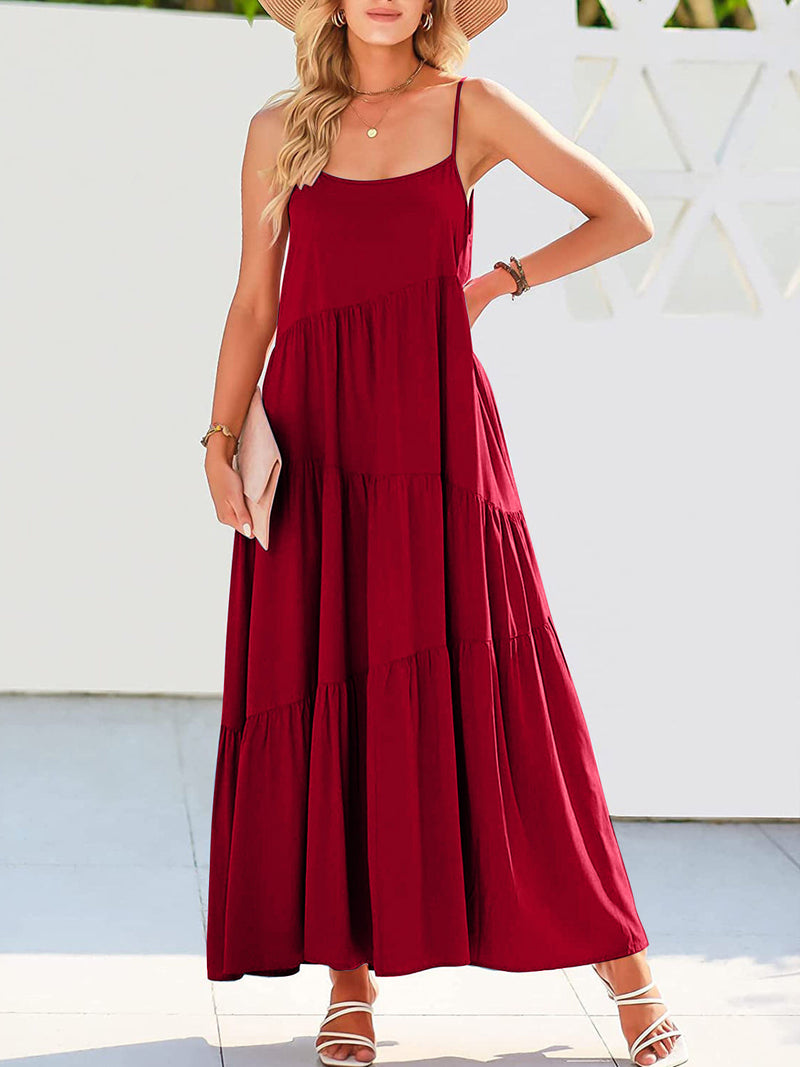 Full Size Ruched Tiered Spaghetti Strap Dress in red, featuring moderate stretch material made of 100% polyester.